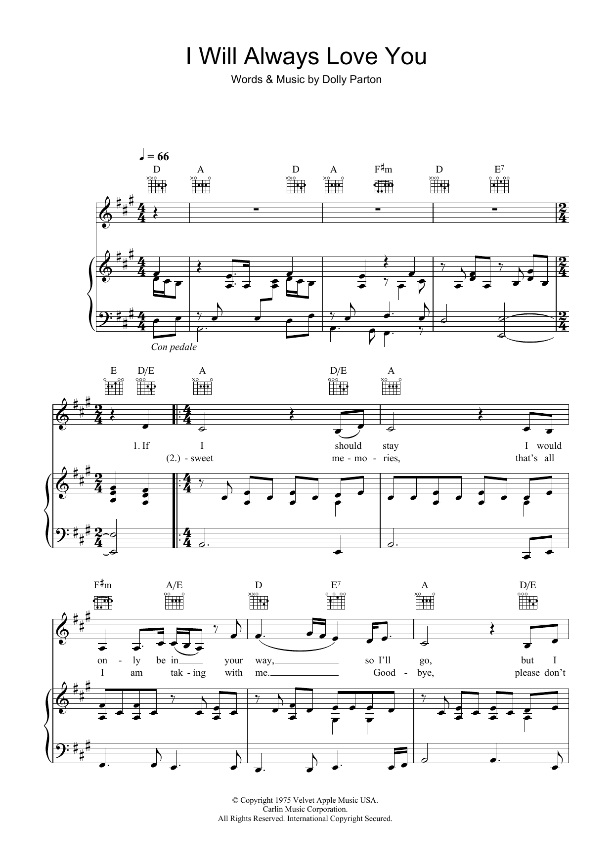 Dolly Parton I Will Always Love You sheet music notes and chords arranged for Piano, Vocal & Guitar Chords (Right-Hand Melody)