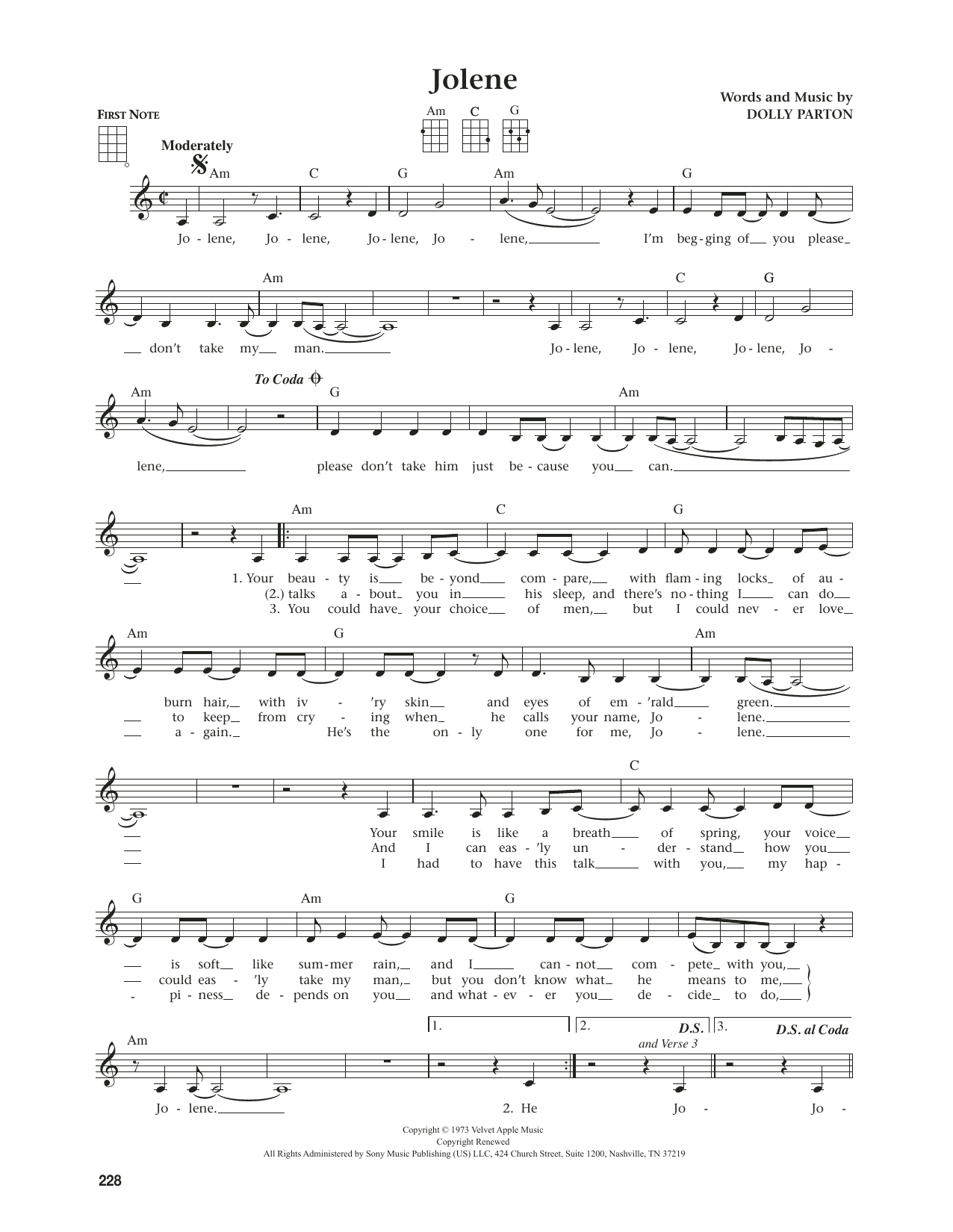 Dolly Parton Jolene (from The Daily Ukulele) (arr. Jim Beloff) sheet music notes and chords arranged for Ukulele