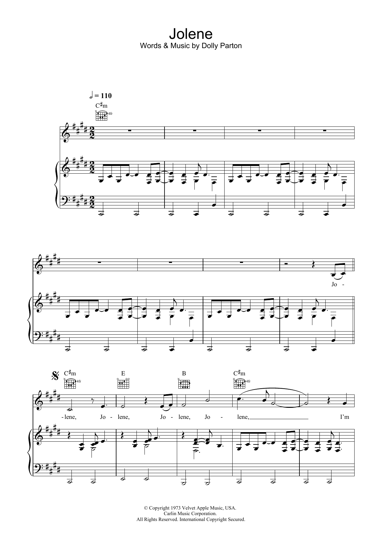 Dolly Parton Jolene sheet music notes and chords arranged for Very Easy Piano