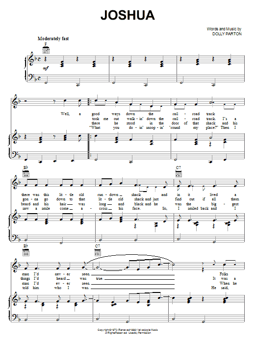 Dolly Parton Joshua sheet music notes and chords arranged for Piano, Vocal & Guitar Chords (Right-Hand Melody)