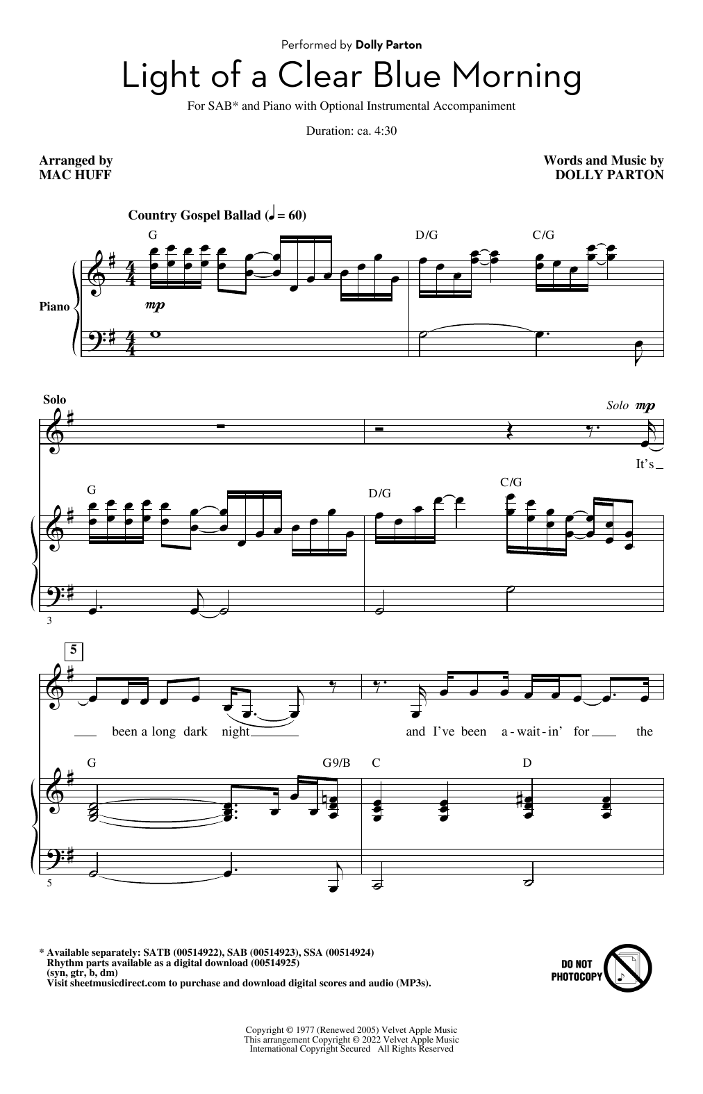 Dolly Parton Light Of A Clear Blue Morning (arr. Mac Huff) sheet music notes and chords arranged for SSA Choir