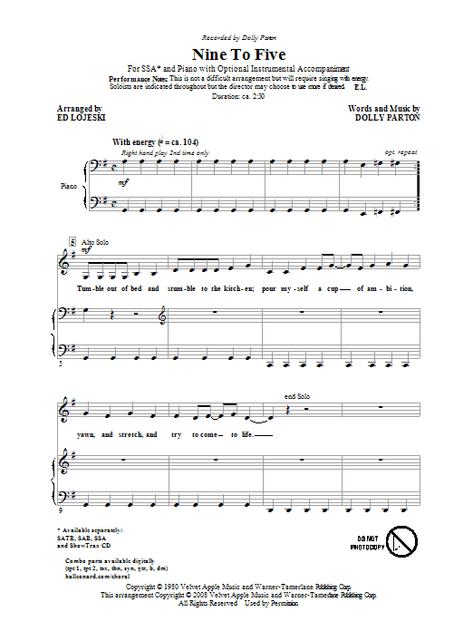 Dolly Parton Nine To Five (arr. Ed Lojeski) sheet music notes and chords arranged for SSA Choir