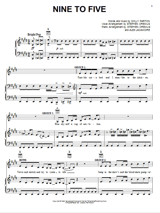Dolly Parton Nine To Five (from 9 to 5: The Musical) sheet music notes and chords arranged for Piano, Vocal & Guitar Chords (Right-Hand Melody)