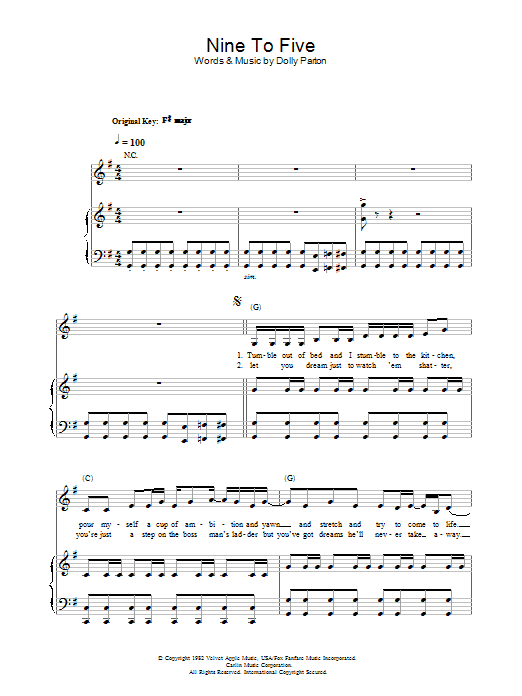 Dolly Parton Nine To Five sheet music notes and chords arranged for Keyboard (Abridged)