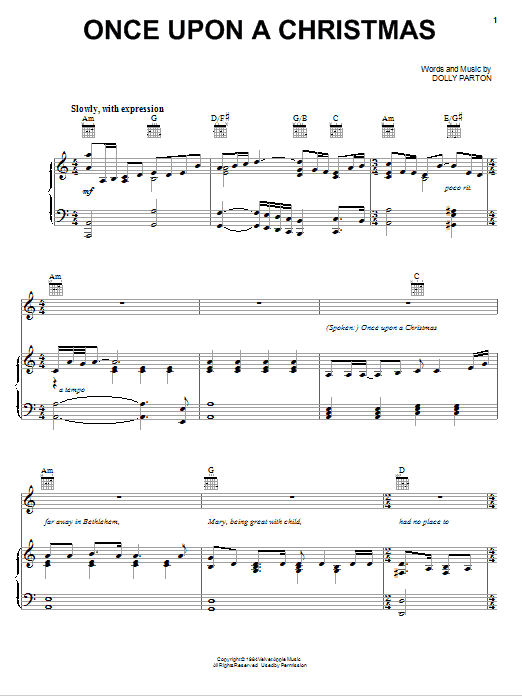 Dolly Parton Once Upon A Christmas sheet music notes and chords arranged for Piano, Vocal & Guitar Chords (Right-Hand Melody)