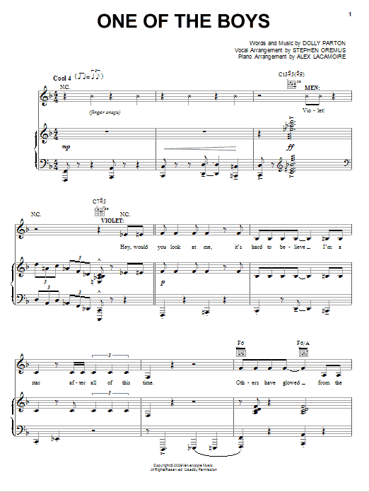 Dolly Parton One Of The Boys (from 9 to 5: The Musical) sheet music notes and chords arranged for Piano, Vocal & Guitar Chords (Right-Hand Melody)