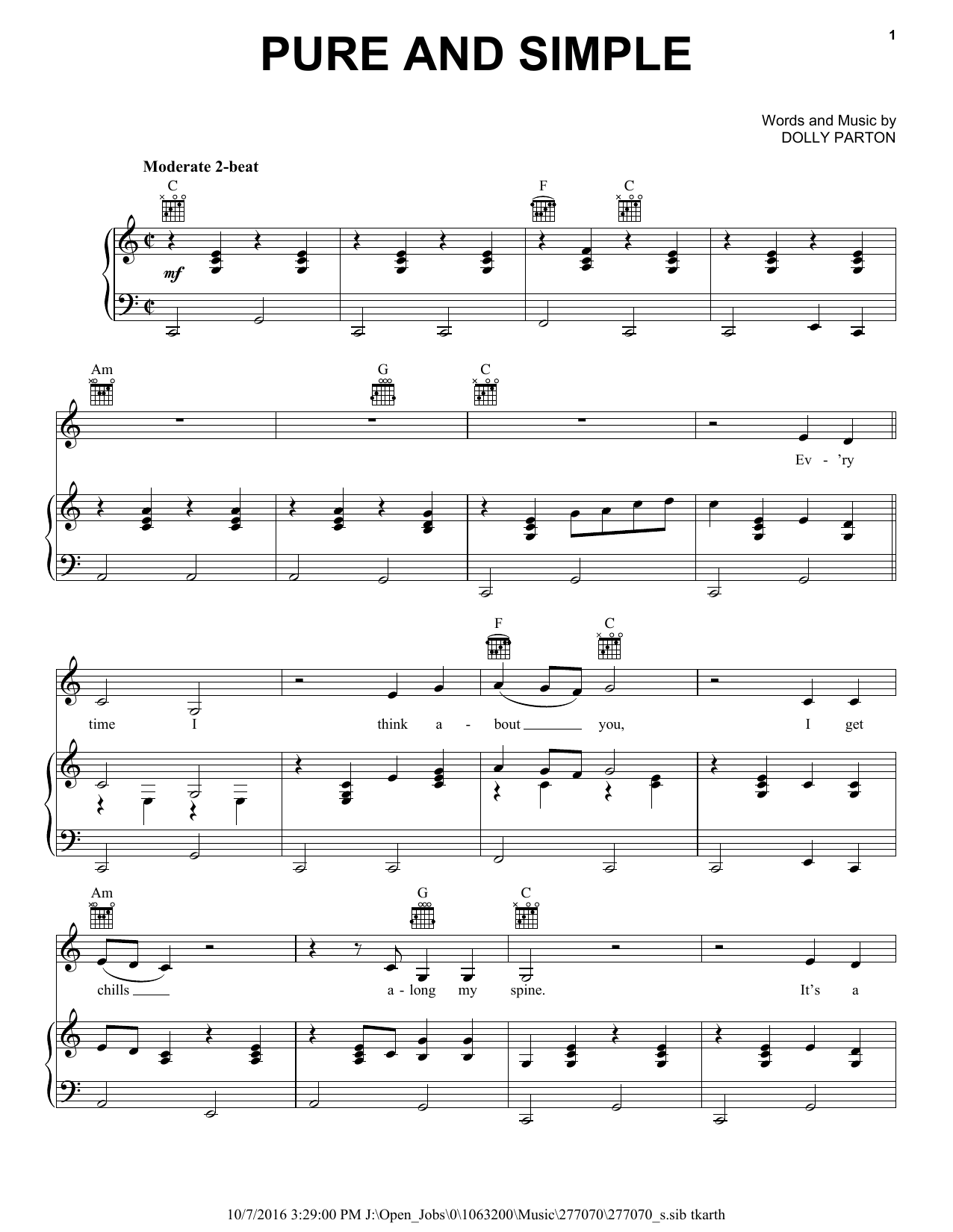 Dolly Parton Pure And Simple sheet music notes and chords arranged for Piano, Vocal & Guitar Chords (Right-Hand Melody)