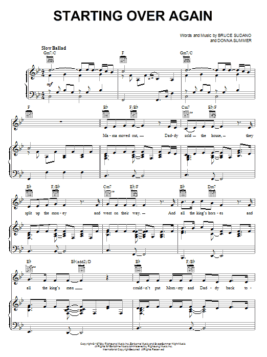 Donna Summer Starting Over Again sheet music notes and chords arranged for Piano, Vocal & Guitar Chords (Right-Hand Melody)