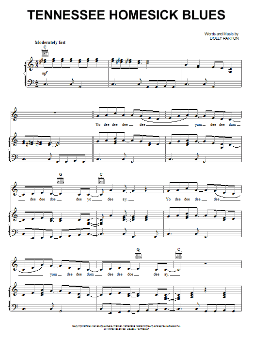 Dolly Parton Tennessee Homesick Blues sheet music notes and chords arranged for Piano, Vocal & Guitar Chords (Right-Hand Melody)