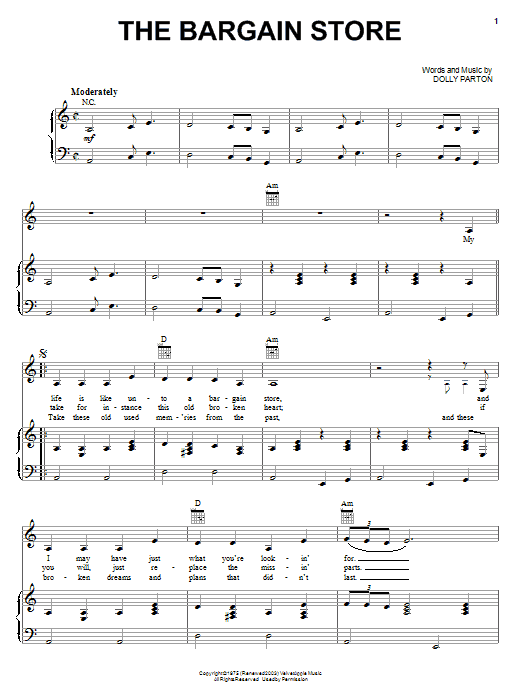 Dolly Parton The Bargain Store sheet music notes and chords arranged for Piano, Vocal & Guitar Chords (Right-Hand Melody)