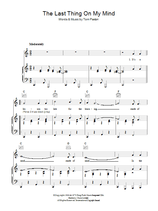 Dolly Parton The Last Thing On My Mind sheet music notes and chords arranged for Piano, Vocal & Guitar Chords