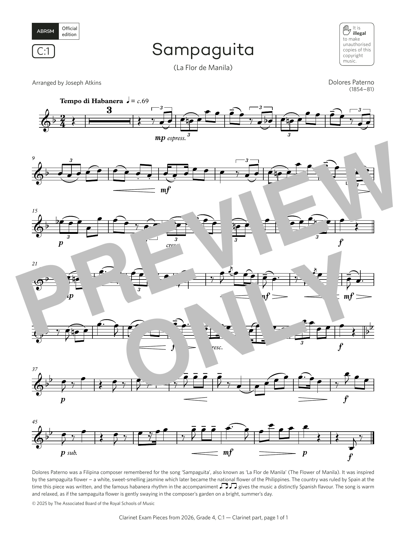 Dolores Paterno Sampaguita (Grade 4, list C1, from the ABRSM Clarinet Syllabus from 2026) sheet music notes and chords arranged for Clarinet Solo