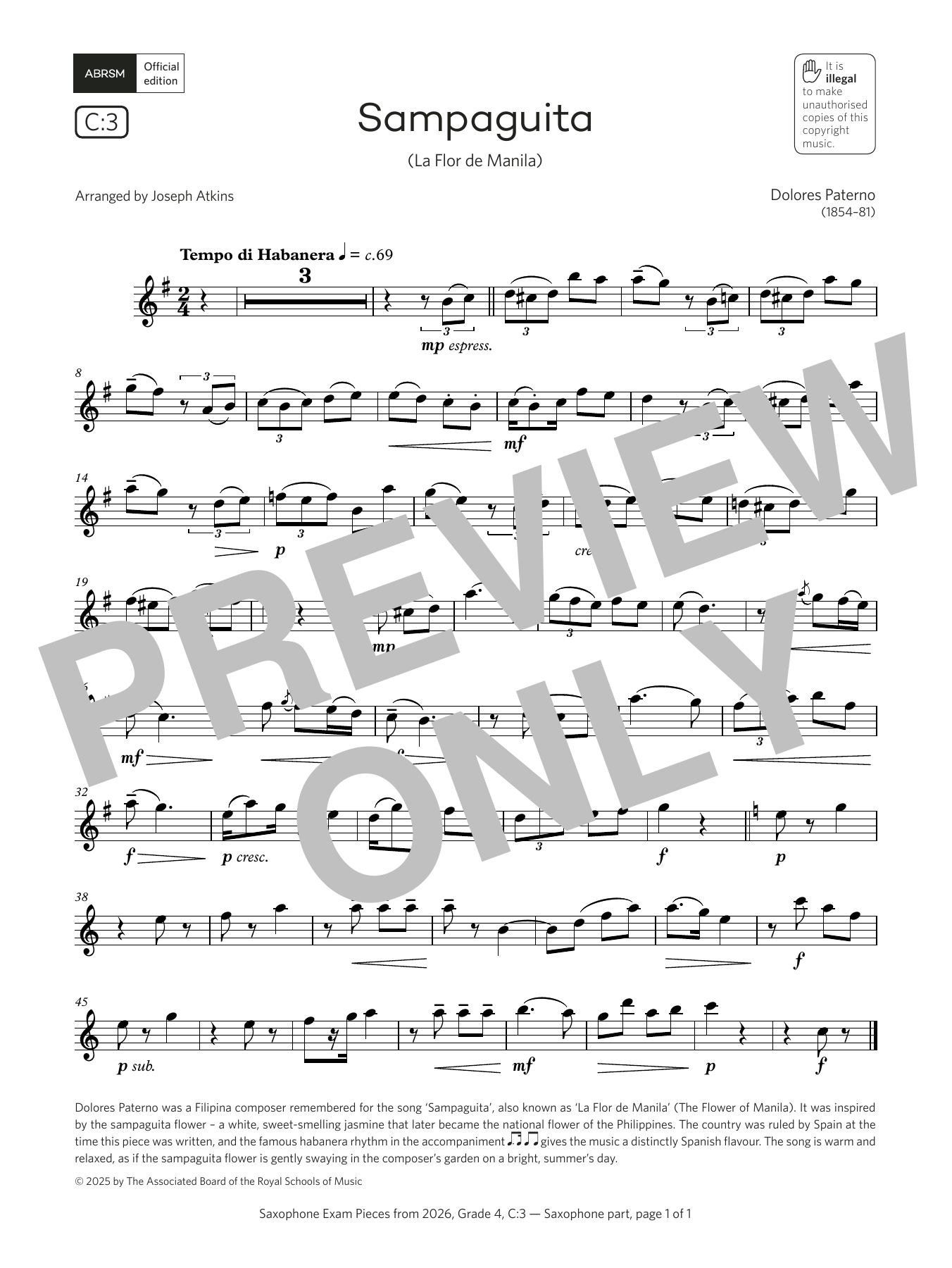 Dolores Paterno Sampaguita (Grade 4, list C3, from the ABRSM Saxophone Syllabus from 2026) sheet music notes and chords arranged for Alto Sax Solo