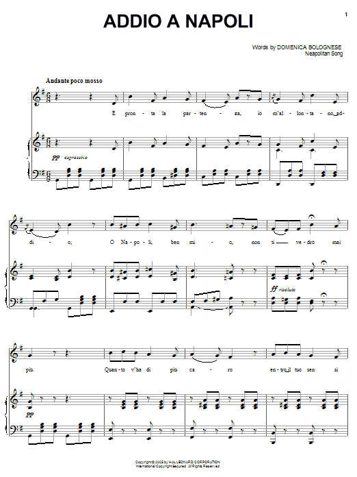 Domenico Bolognese Addio a Napoli sheet music notes and chords arranged for Piano, Vocal & Guitar Chords (Right-Hand Melody)