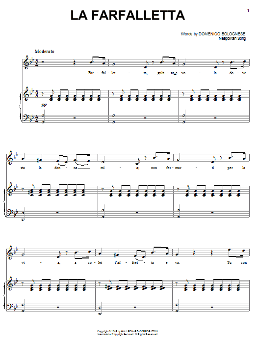 Domenico Bolognese La farfalletta sheet music notes and chords arranged for Piano, Vocal & Guitar Chords (Right-Hand Melody)