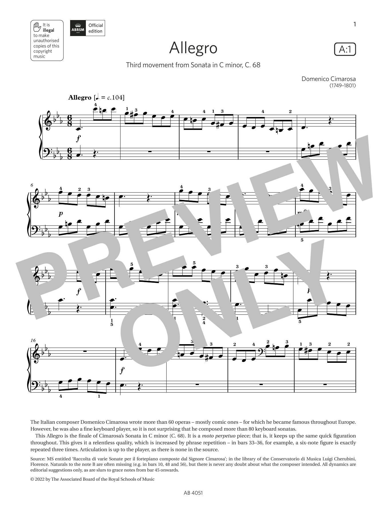 Domenico Cimarosa Allegro (Grade 5, list A1, from the ABRSM Piano Syllabus 2023 & 2024) sheet music notes and chords arranged for Piano Solo