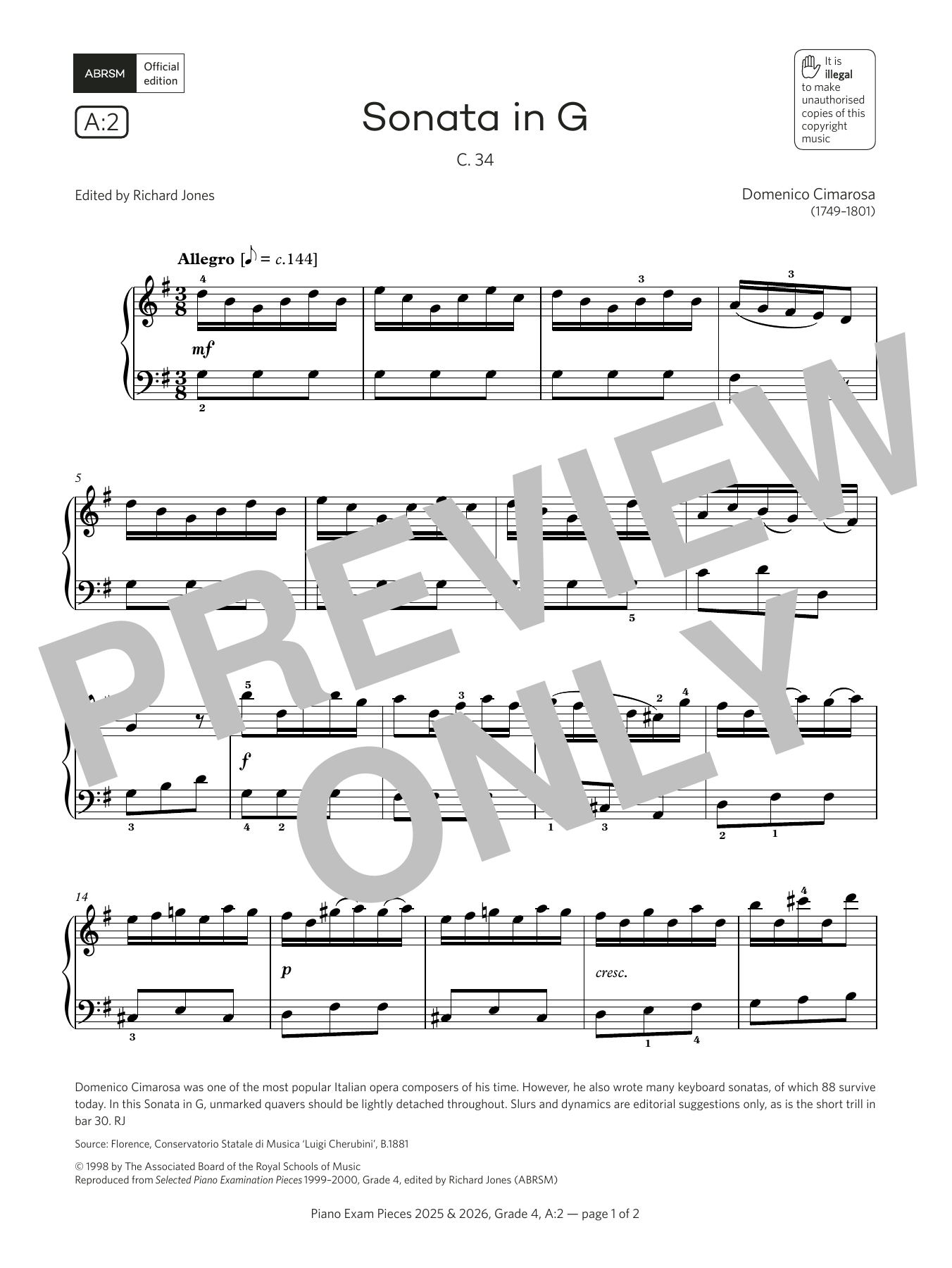 Domenico Cimarosa Sonata in G (Grade 4, list A2, from the ABRSM Piano Syllabus 2025 & 2026) sheet music notes and chords arranged for Piano Solo
