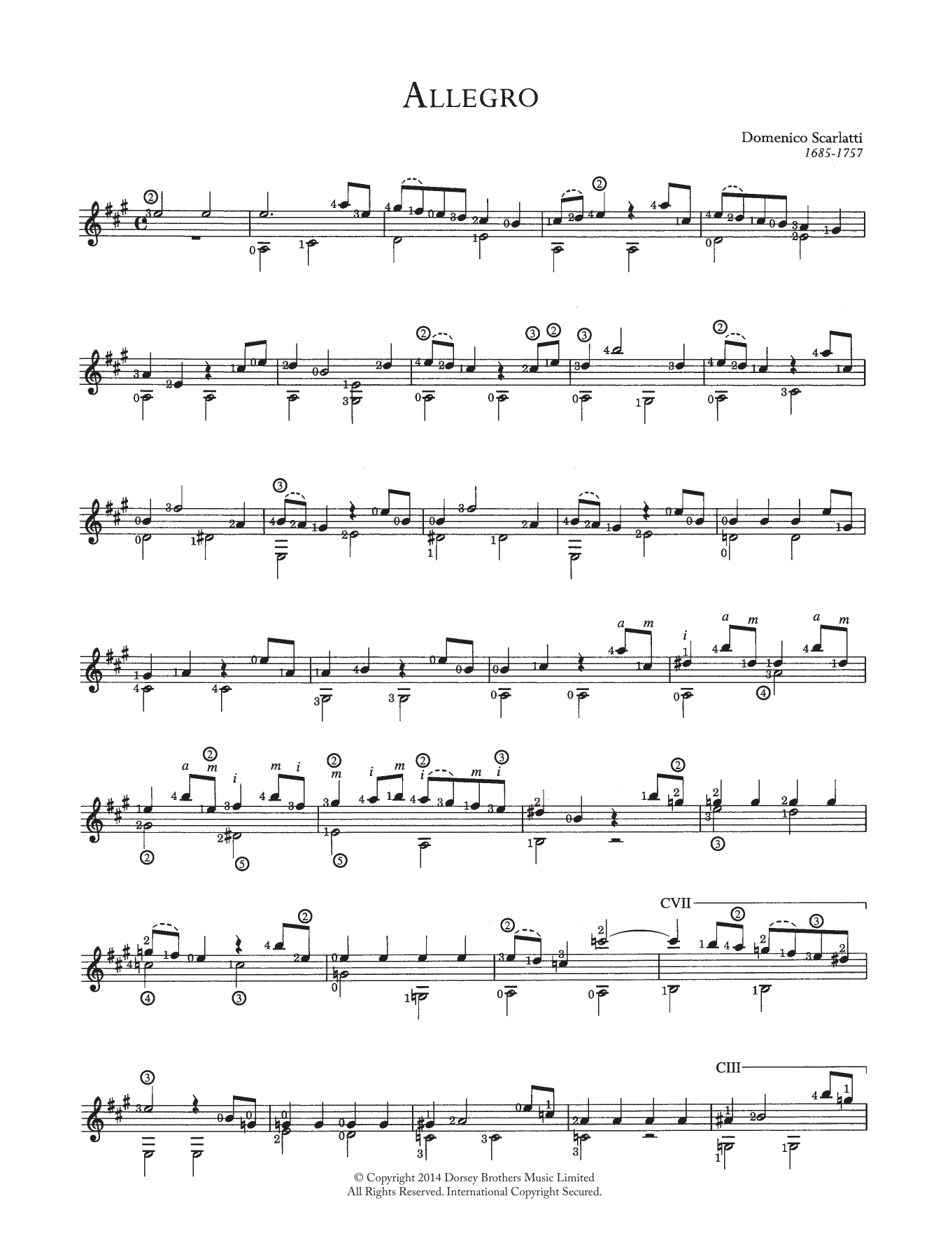 Domenico Scarlatti Allegro sheet music notes and chords arranged for Solo Guitar