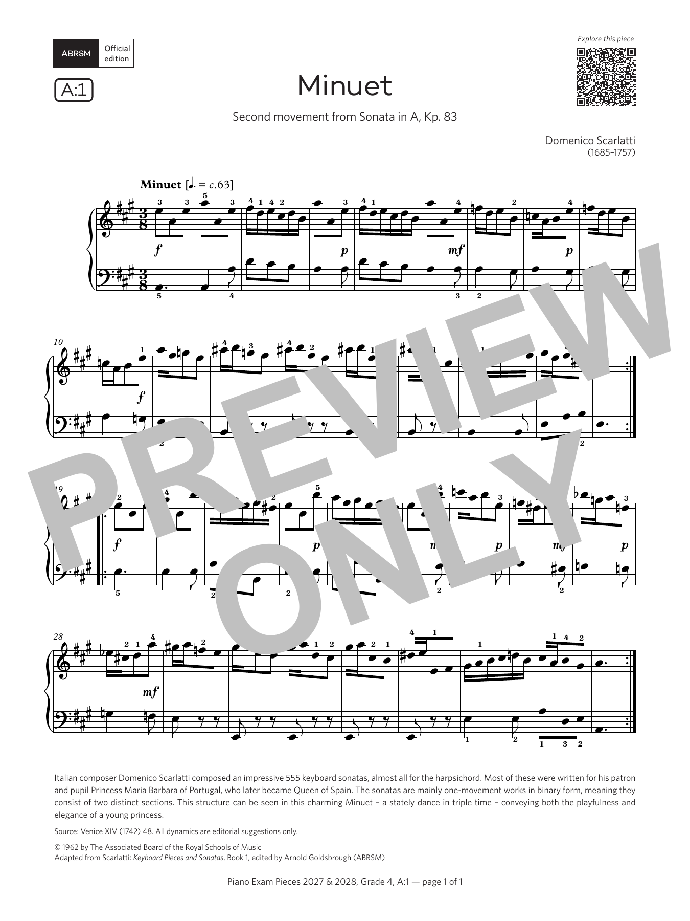Domenico Scarlatti Minuet (Grade 4, list A1, from the ABRSM Piano Syllabus 2027 & 2028) sheet music notes and chords arranged for Piano Solo