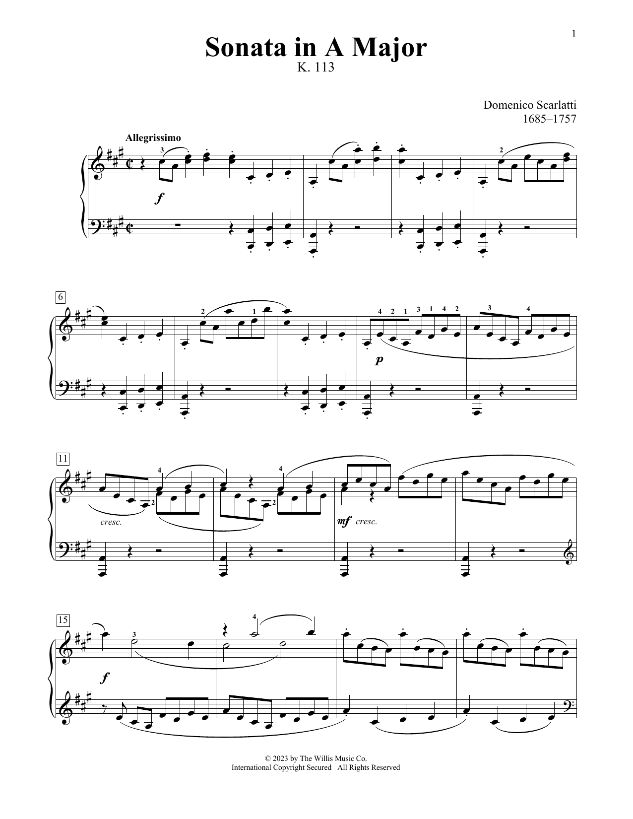 Domenico Scarlatti Sonata In A Major, K. 113 sheet music notes and chords arranged for Educational Piano