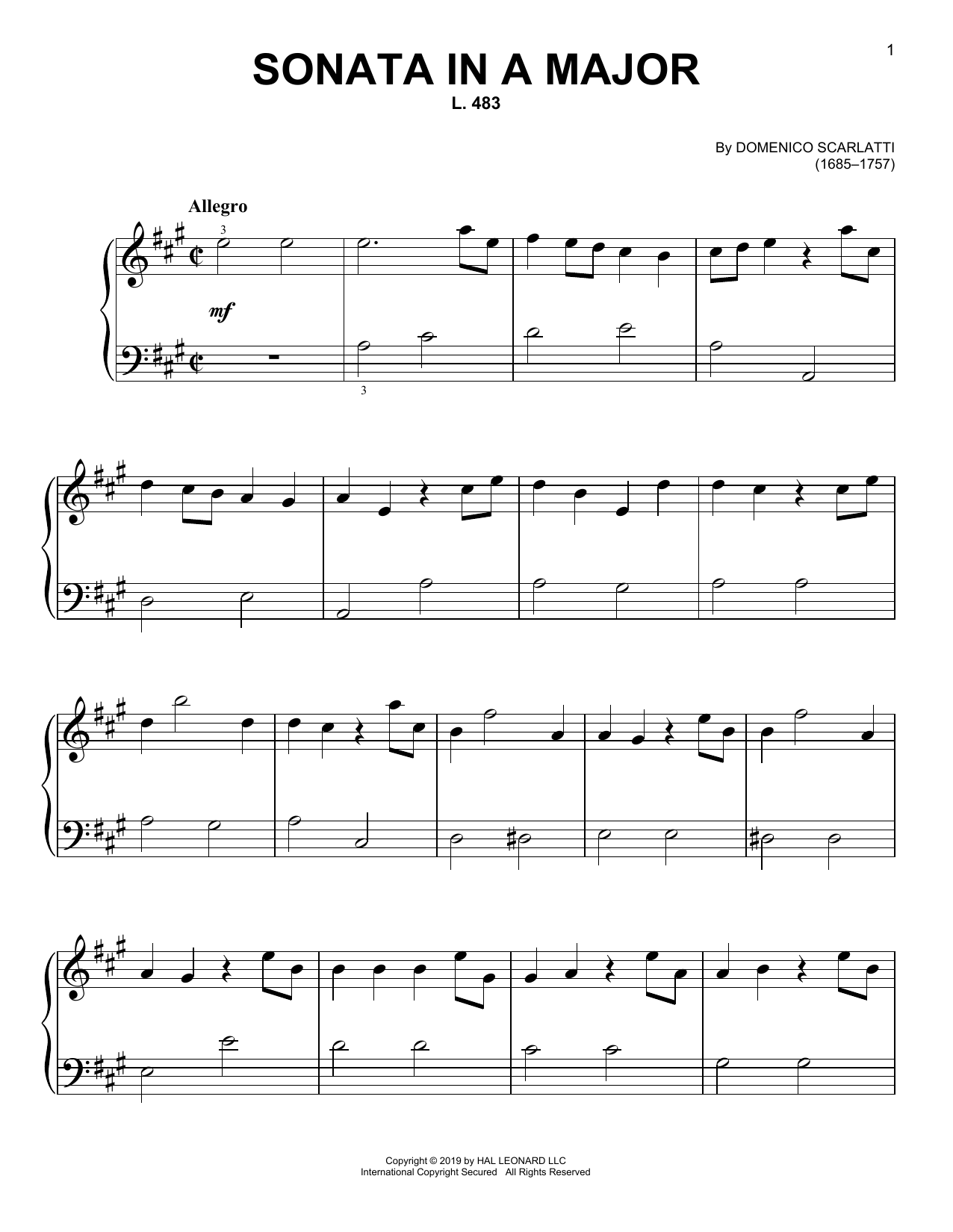 Domenico Scarlatti Sonata In A Major, L. 483 sheet music notes and chords arranged for Piano Solo