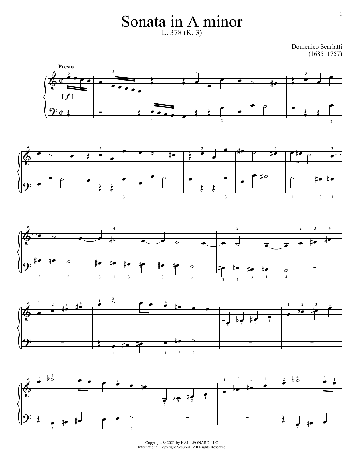 Domenico Scarlatti Sonata In A Minor, K. 3 sheet music notes and chords arranged for Piano Solo