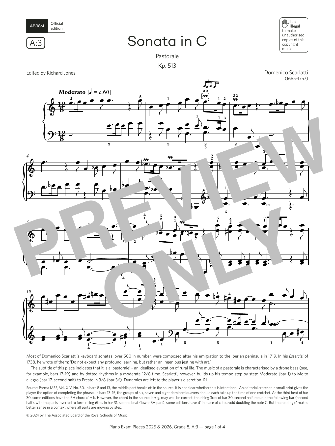 Domenico Scarlatti Sonata in C (Grade 8, list A3, from the ABRSM Piano Syllabus 2025 & 2026) sheet music notes and chords arranged for Piano Solo