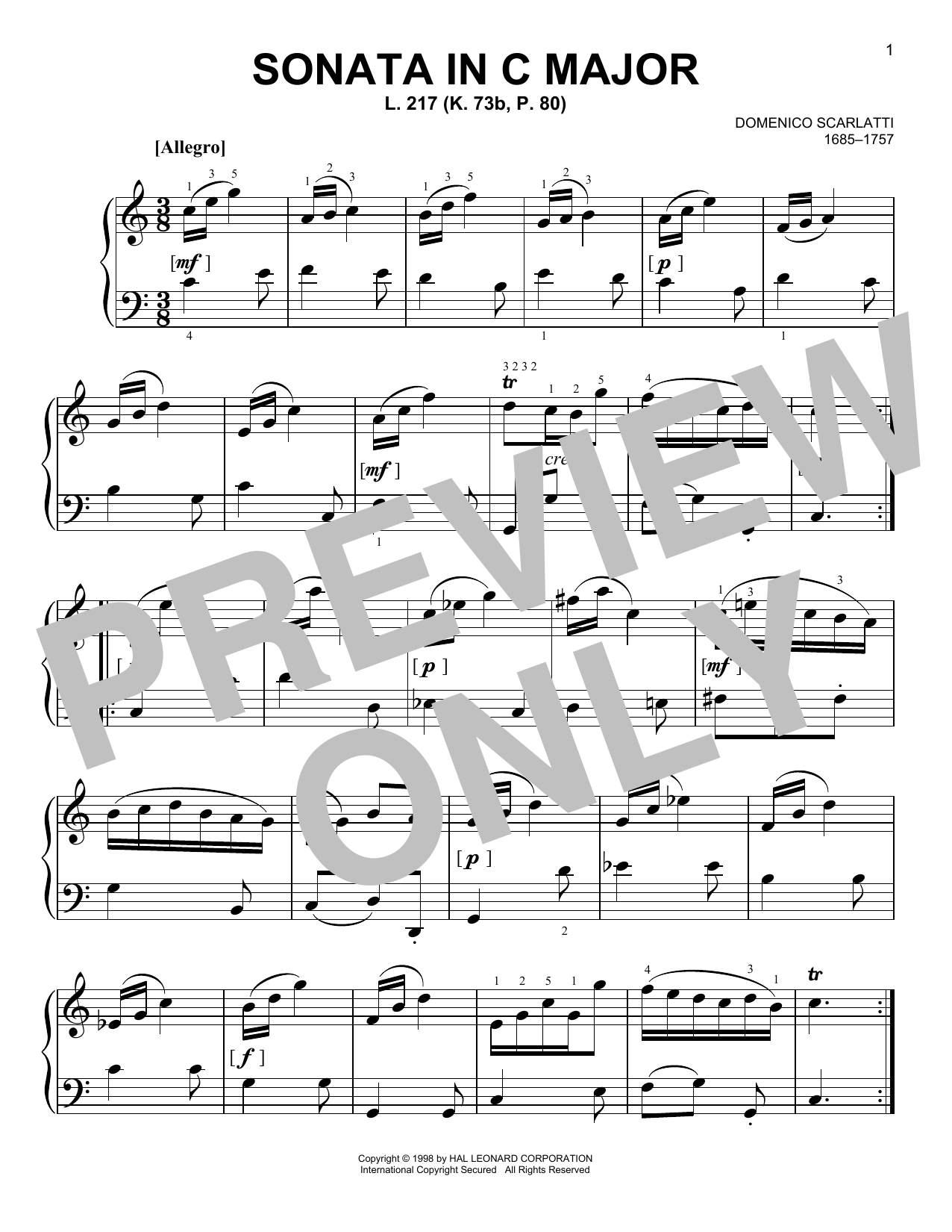 Domenico Scarlatti Sonata In C Major, L. 217 sheet music notes and chords arranged for Easy Piano