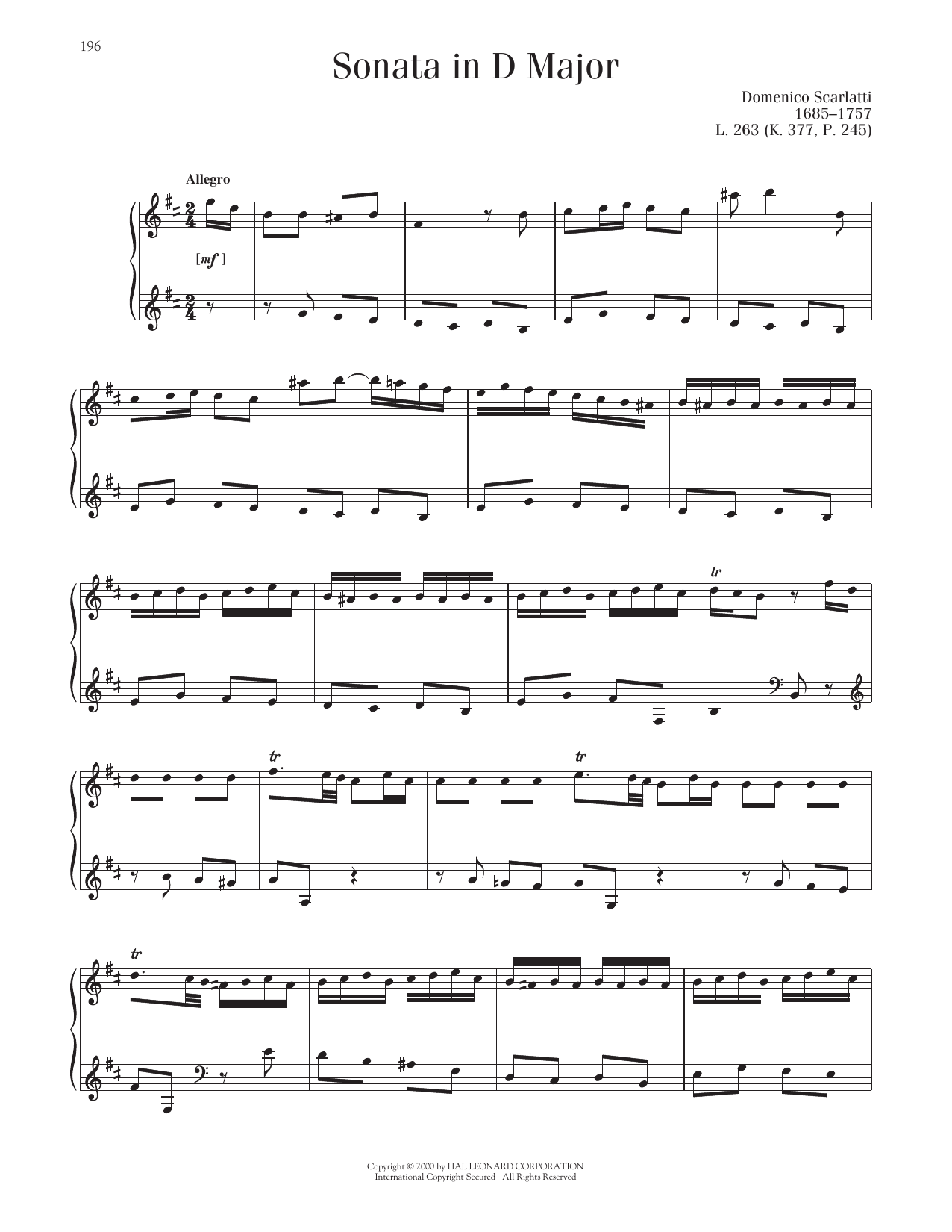 Domenico Scarlatti Sonata In D Major, K. 377 sheet music notes and chords arranged for Piano Solo