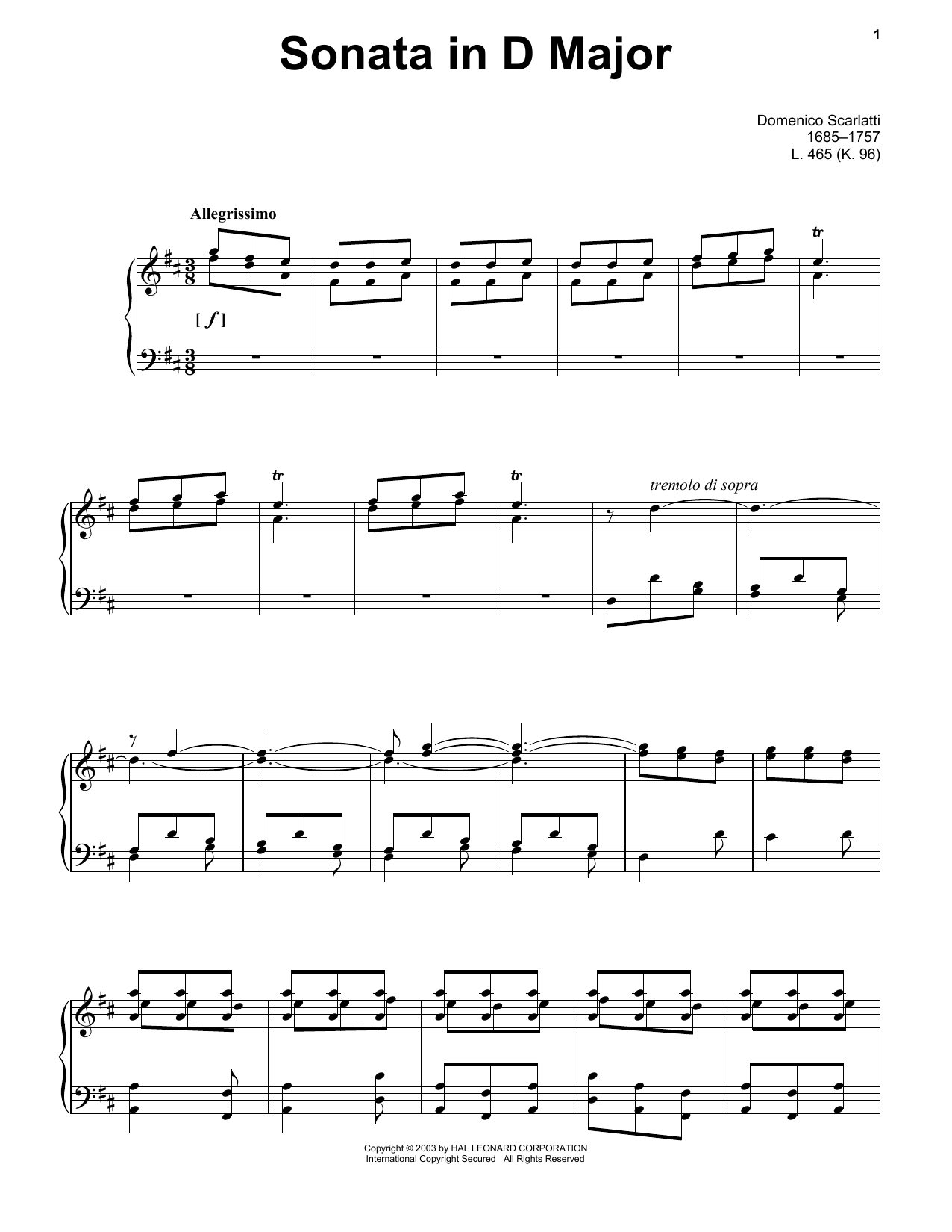 Domenico Scarlatti Sonata In D Major, K. 96 sheet music notes and chords arranged for Piano Solo