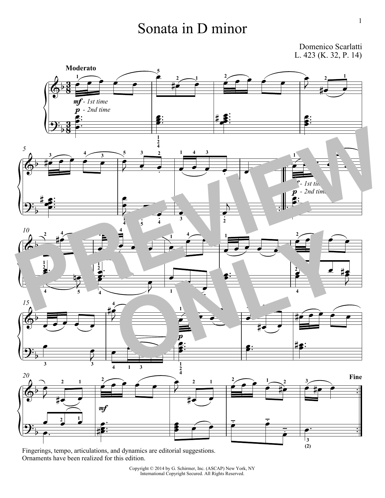 Domenico Scarlatti Sonata In D Minor, L. 423 sheet music notes and chords arranged for Piano Solo