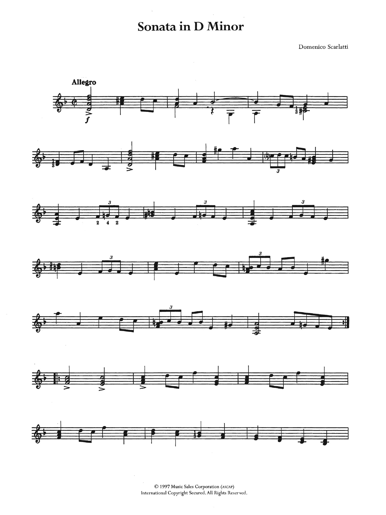 Domenico Scarlatti Sonata In D Minor sheet music notes and chords arranged for Easy Guitar