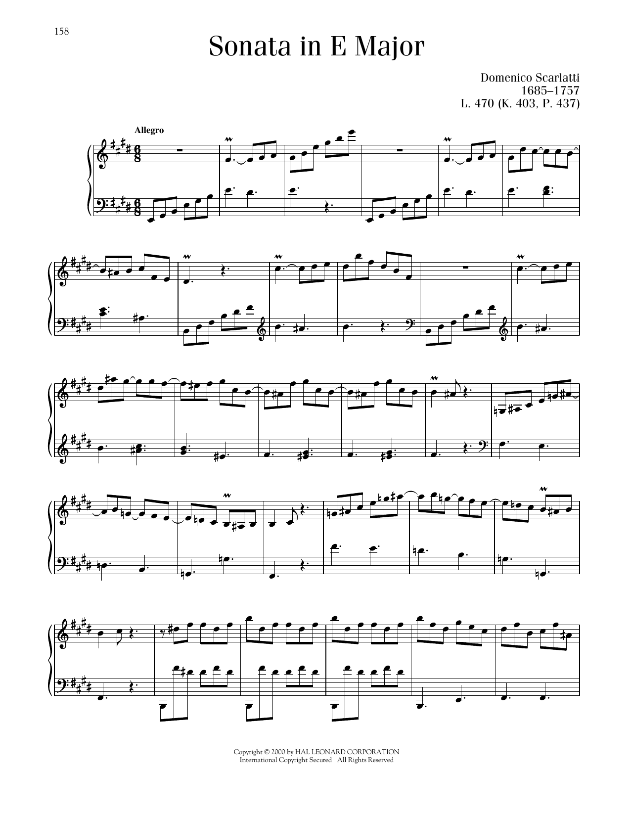 Domenico Scarlatti Sonata In E Major, K. 403 sheet music notes and chords arranged for Piano Solo