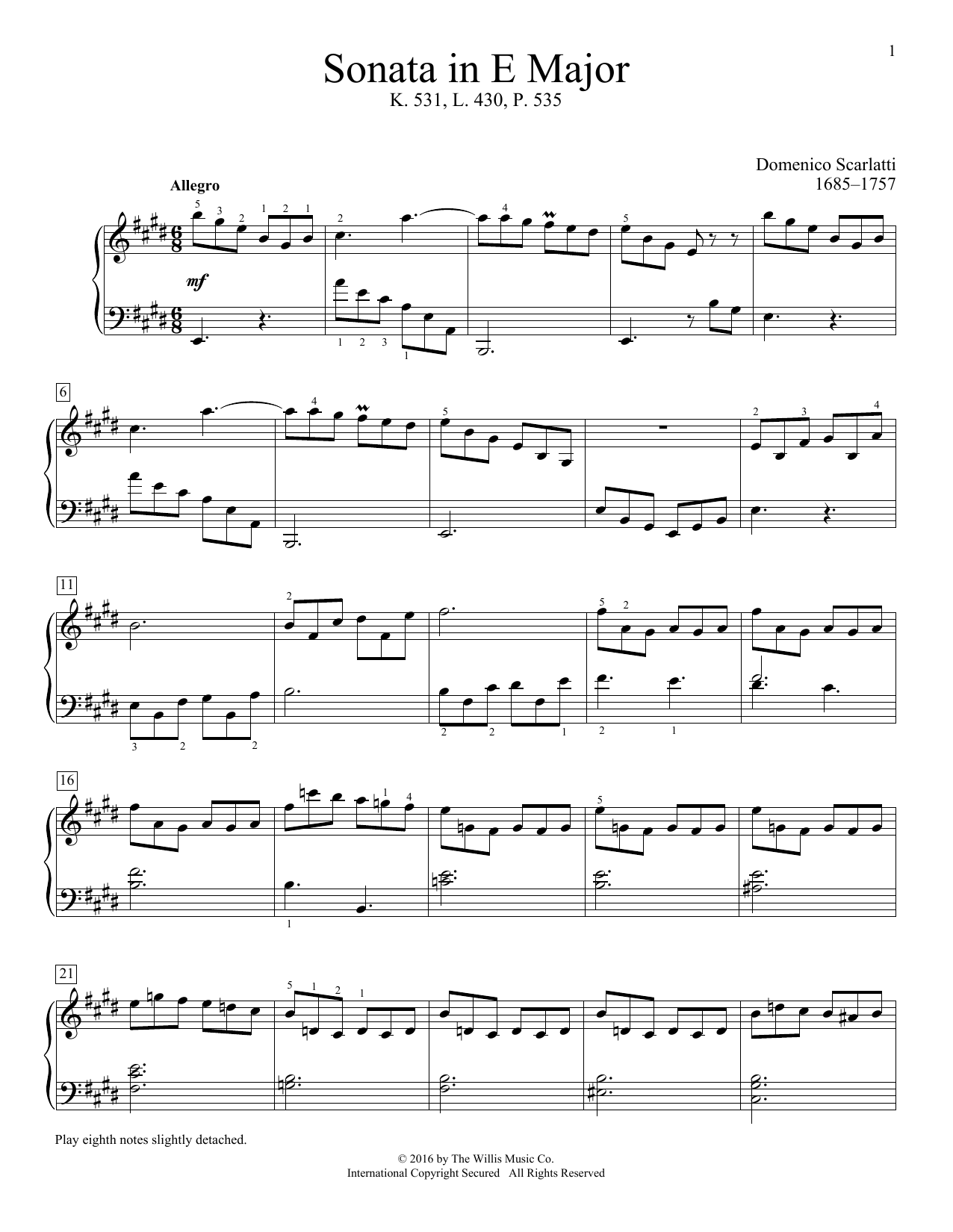 Domenico Scarlatti Sonata In E Major, K. 531, L. 430, P. 535 sheet music notes and chords arranged for Educational Piano