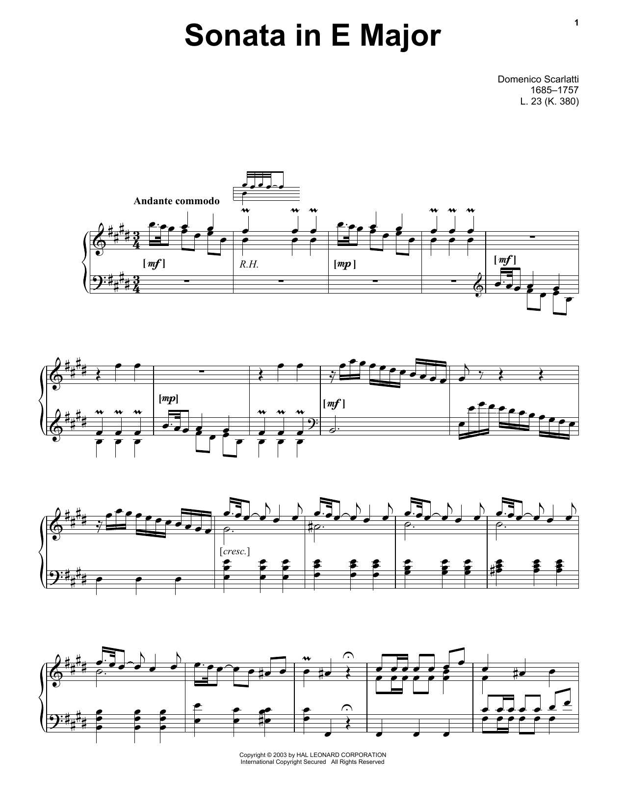 Domenico Scarlatti Sonata In E Major, L. 23 sheet music notes and chords arranged for Piano Solo