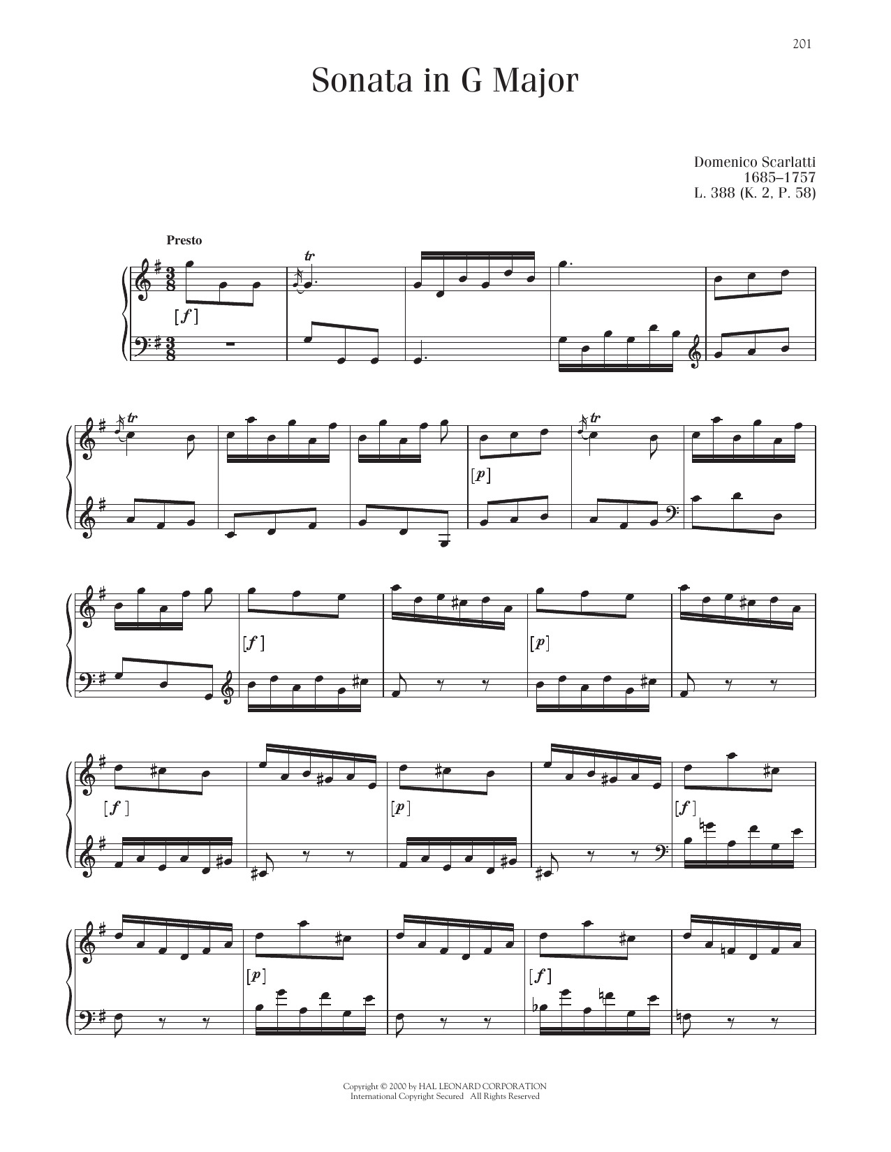 Domenico Scarlatti Sonata In G Major, K. 2 sheet music notes and chords arranged for Piano Solo
