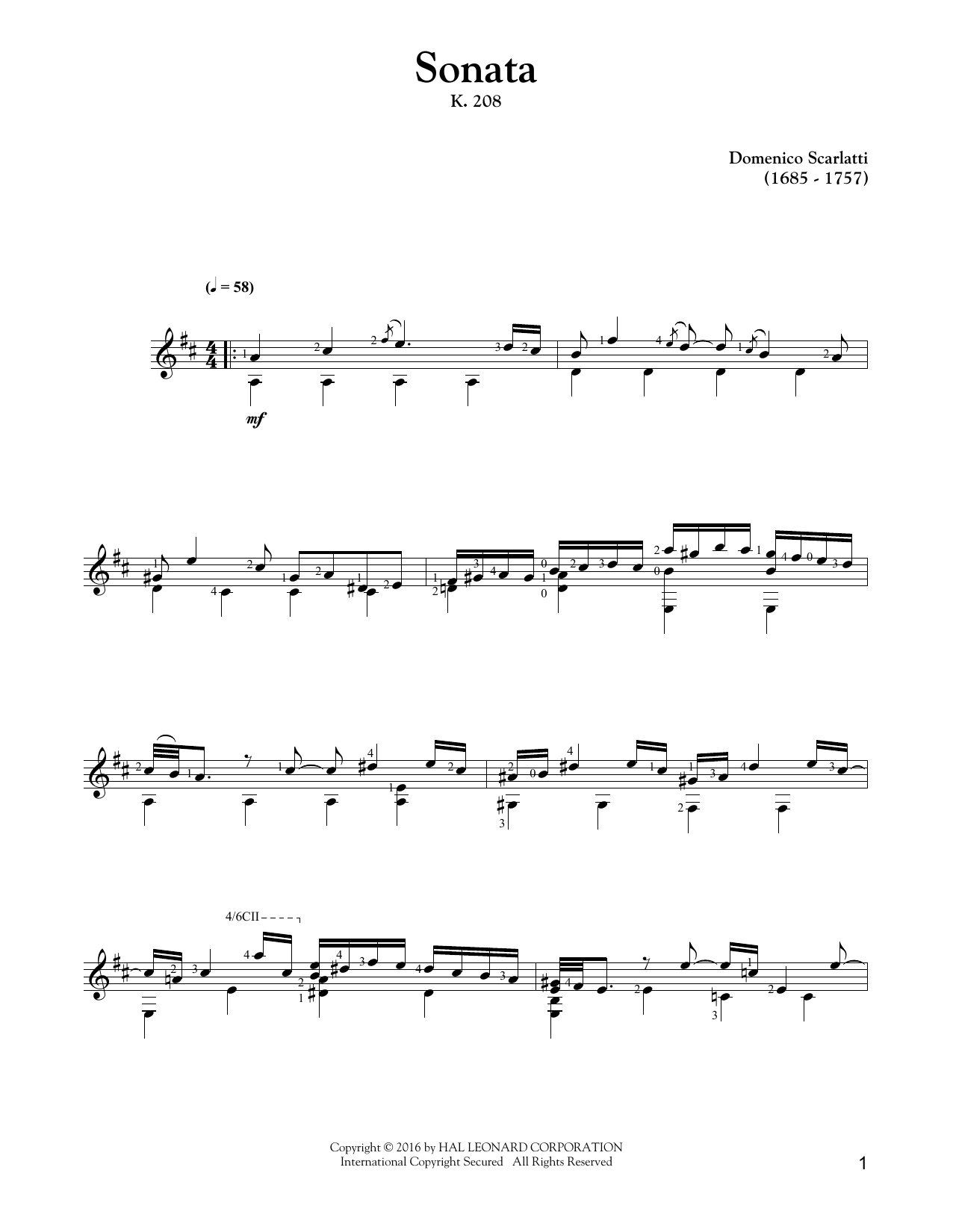 Domenico Scarlatti Sonata In G Major, K. 208 sheet music notes and chords arranged for Solo Guitar