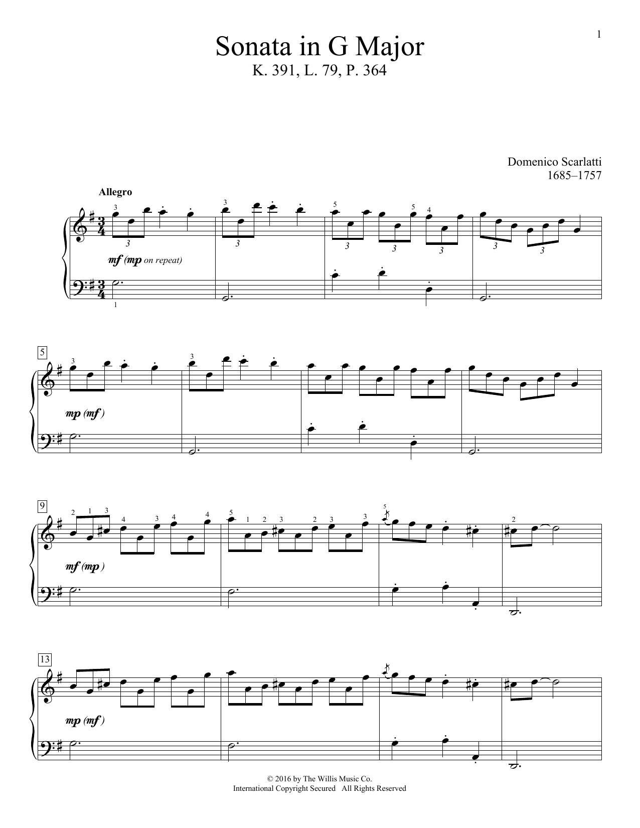 Domenico Scarlatti Sonata In G Major, K. 391, L. 79, P. 364 sheet music notes and chords arranged for Educational Piano