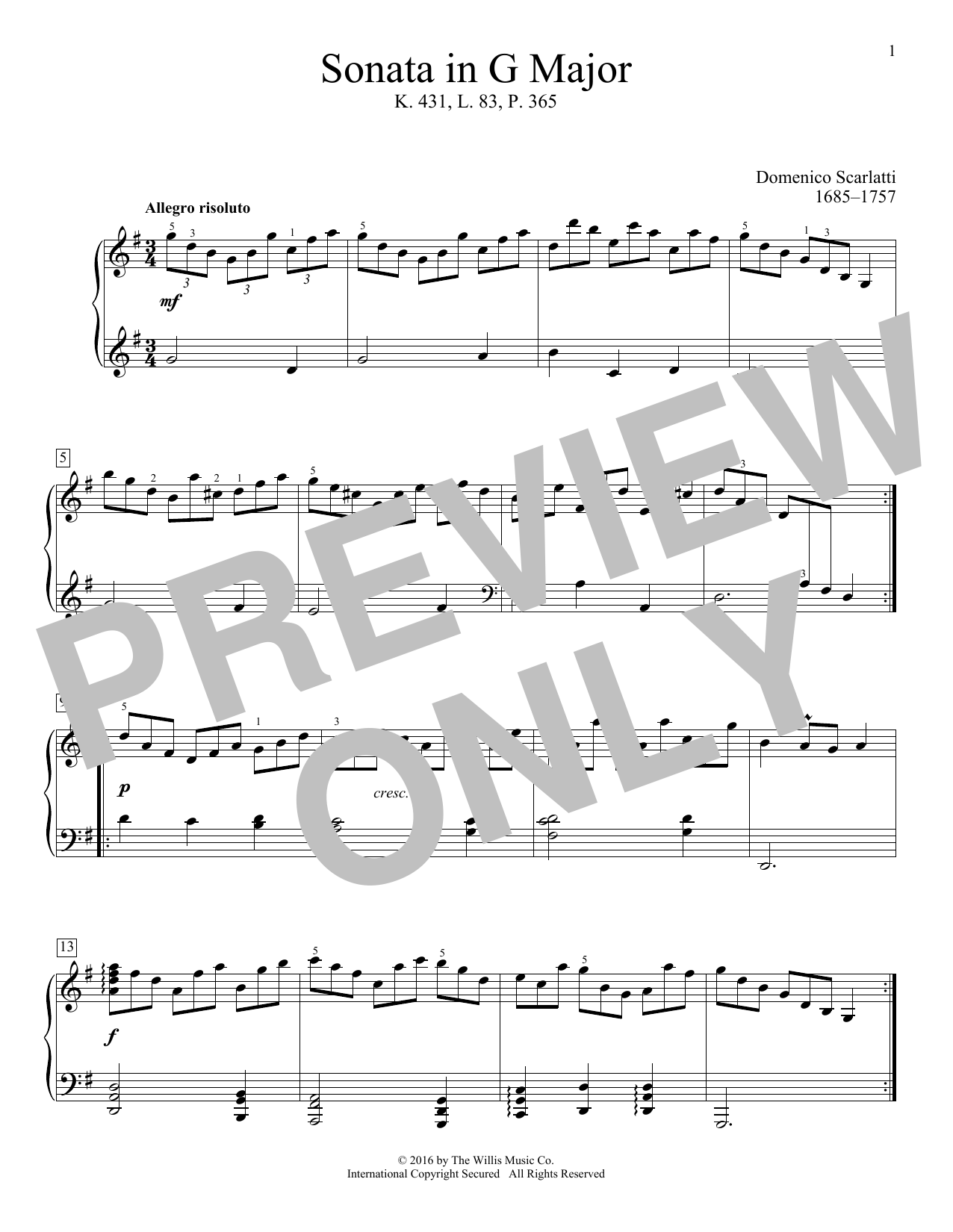 Domenico Scarlatti Sonata In G Major, K. 431, L. 83, P. 365 sheet music notes and chords arranged for Educational Piano