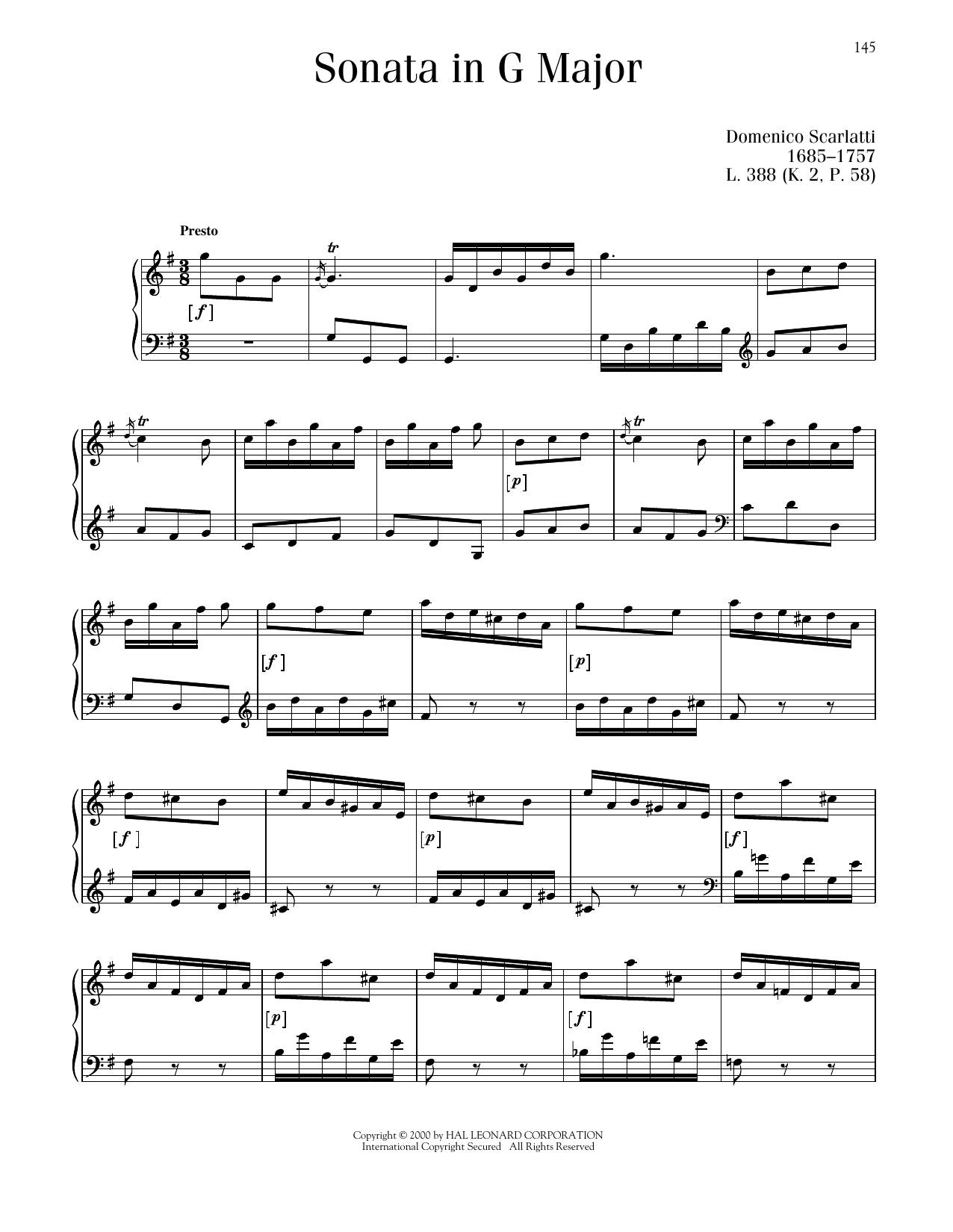Domenico Scarlatti Sonata In G Major, L. 388 sheet music notes and chords arranged for Piano Solo