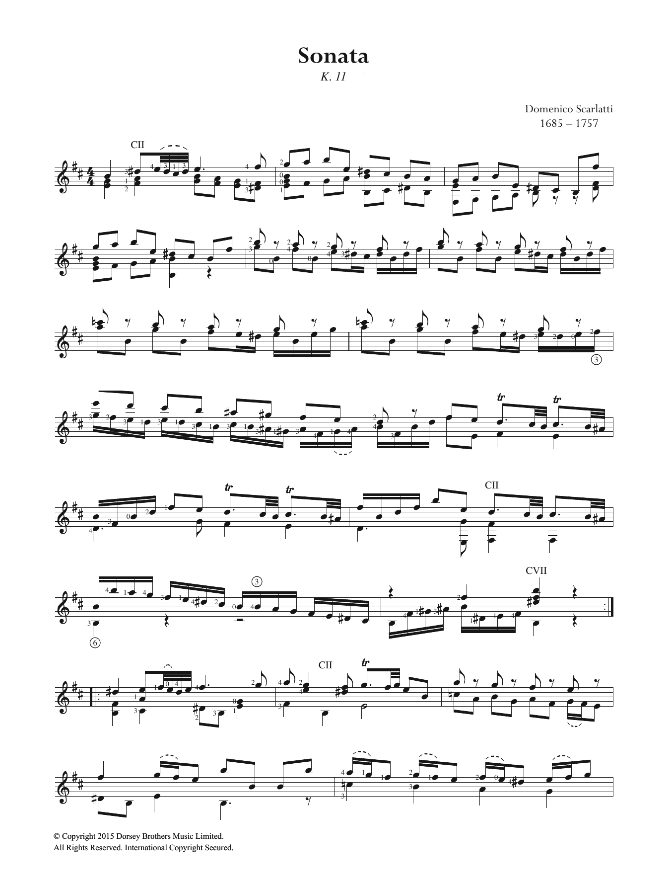 Domenico Scarlatti Sonata K.11 sheet music notes and chords arranged for Easy Guitar
