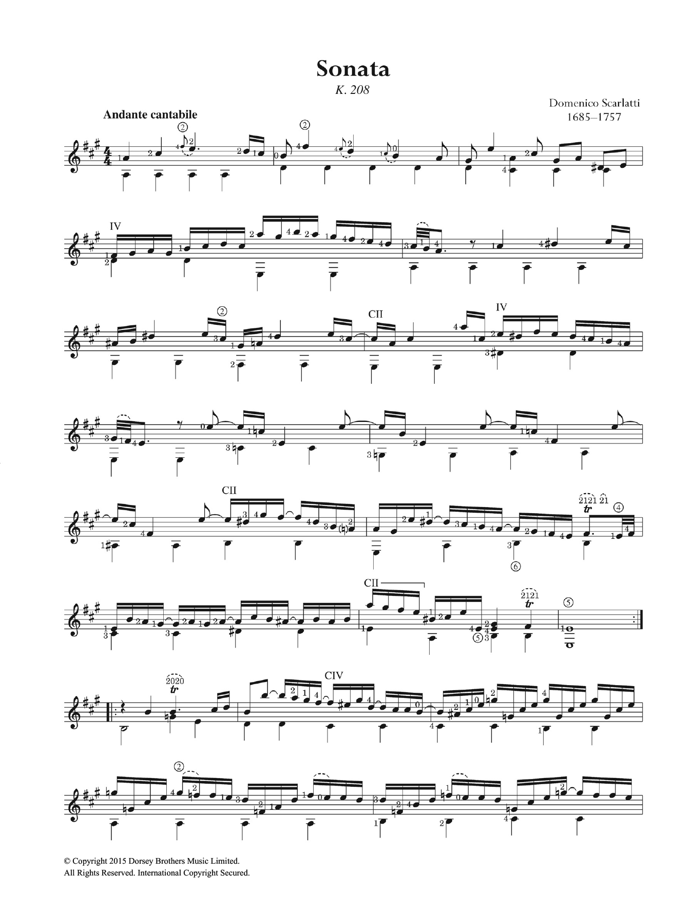 Domenico Scarlatti Sonata K.208 sheet music notes and chords arranged for Easy Guitar