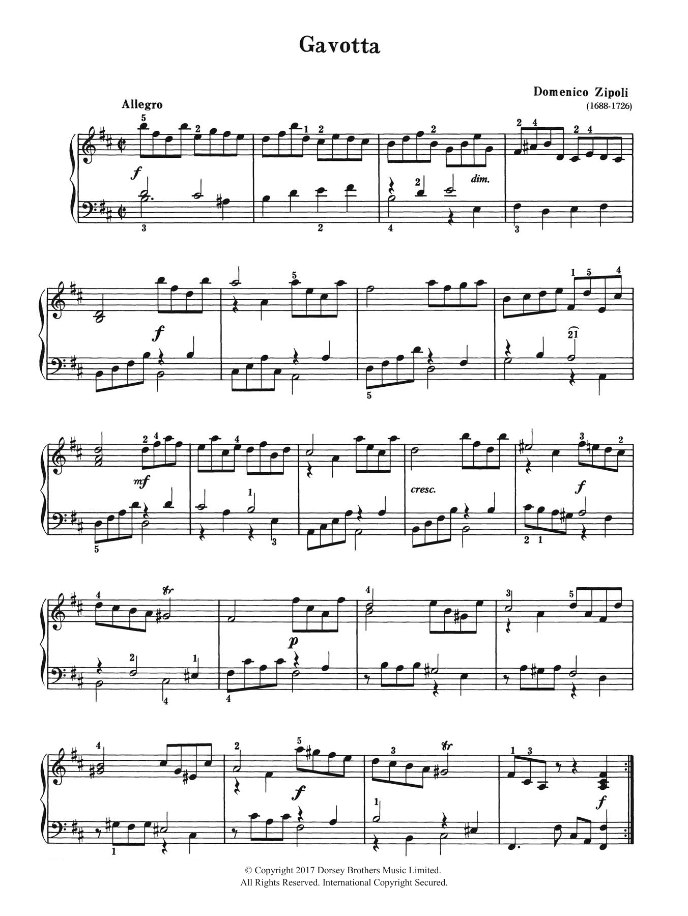 Domenico Zipoli Gavotta sheet music notes and chords arranged for Piano Solo
