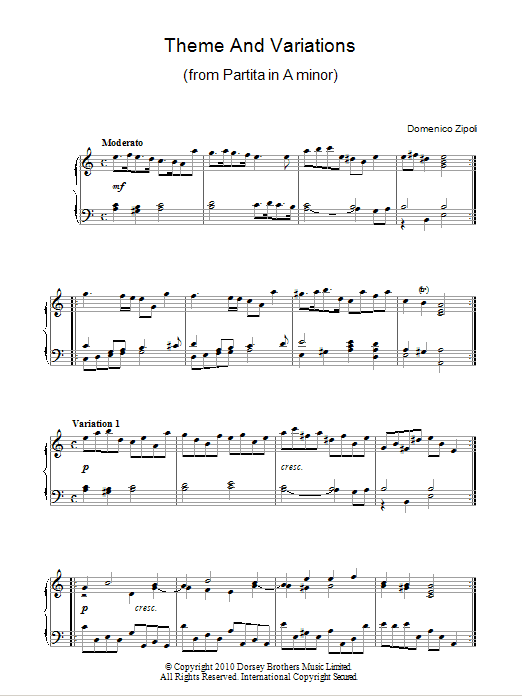 Domenico Zipoli Theme And Variations From Partita In A Minor sheet music notes and chords arranged for Piano Solo