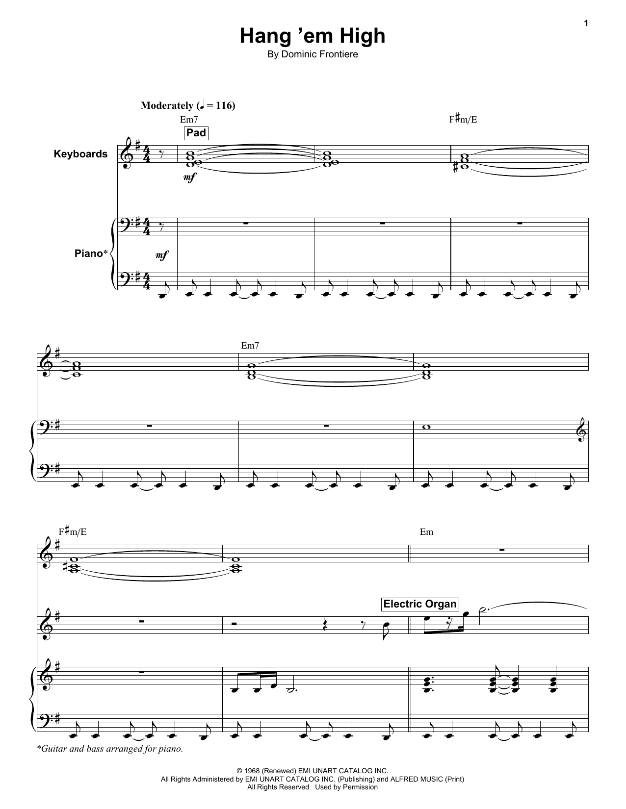 Dominic Frontiere Hang 'Em High sheet music notes and chords arranged for Keyboard Transcription
