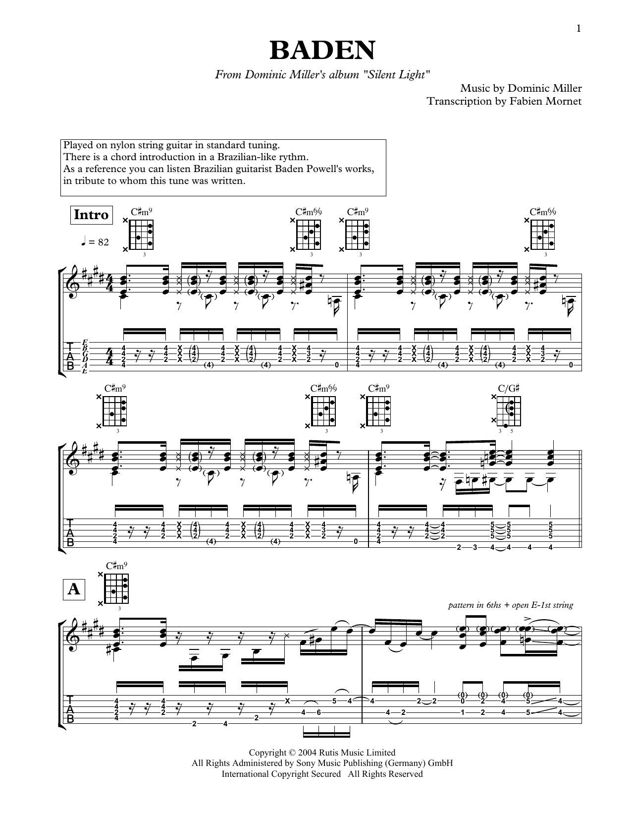 Dominic Miller Baden sheet music notes and chords arranged for Solo Guitar