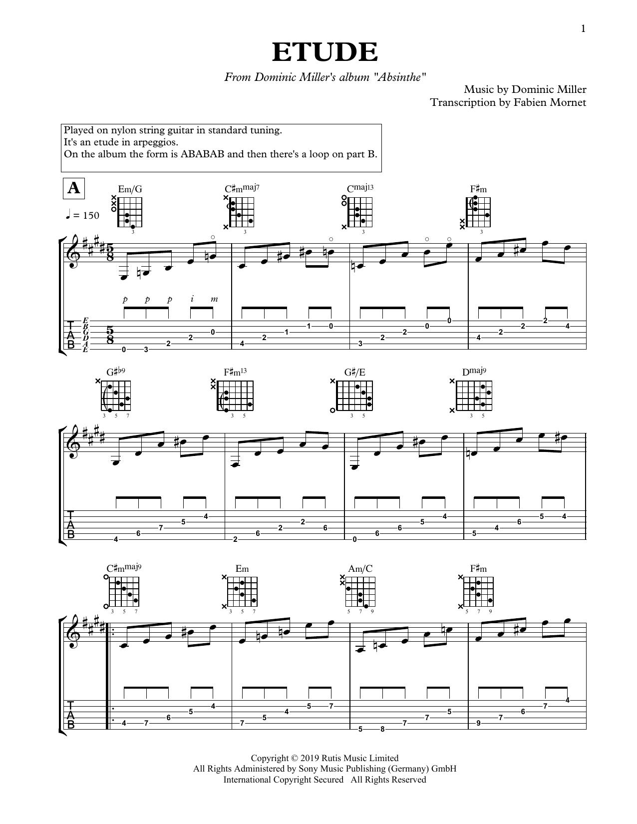 Dominic Miller Étude sheet music notes and chords arranged for Solo Guitar
