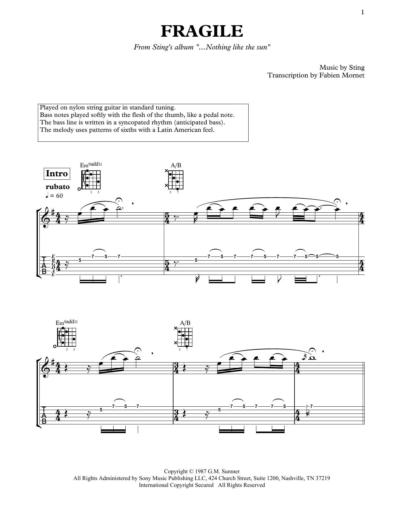 Dominic Miller Fragile sheet music notes and chords arranged for Solo Guitar