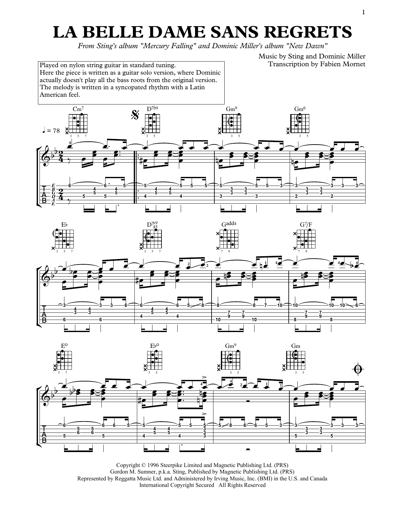 Dominic Miller La Belle Dame Sans Regrets sheet music notes and chords arranged for Solo Guitar