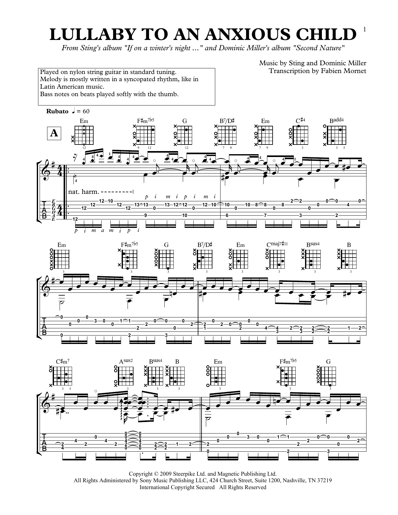Dominic Miller Lullaby To An Anxious Child sheet music notes and chords arranged for Solo Guitar